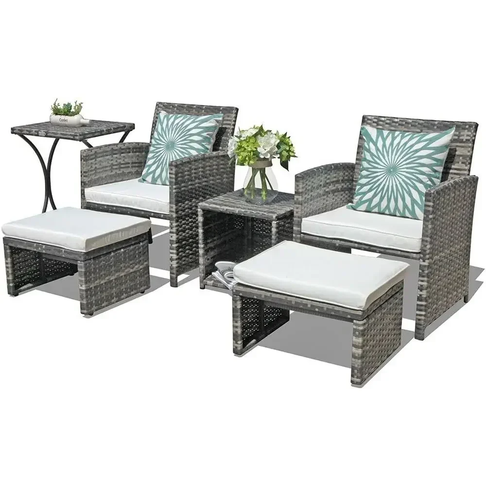 Outdoor Furniture Grey - ชุดเฟอร์นิเจอร์ระเบียงกลางแจ้ง 6 ชิ้น สีเทา พร้อมออตโตมัน เหมาะสำหรับระเบียงหรืออพาร์ตเมนต์