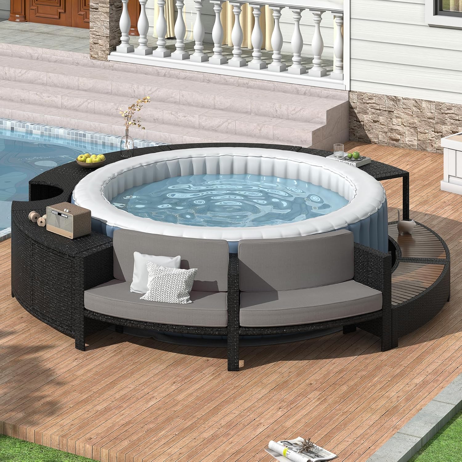 Outdoor Furniture Grey - ชุดโซฟาหวายสำหรับลานบ้าน พร้อมที่เก็บของและเบาะรองนั่ง สำหรับสวนหลังบ้าน สีเทา ปรับแต่งได้