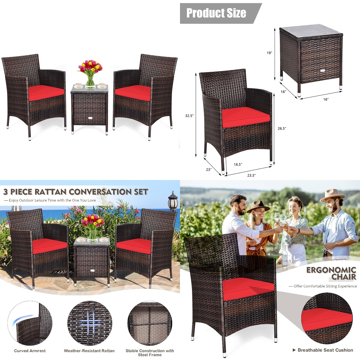Outdoor Furniture On Sale - ชุดเฟอร์นิเจอร์หวาย 3 ชิ้น สำหรับลานบ้าน พร้อมเบาะรองนั่ง ทนทานทุกสภาพอากาศ
