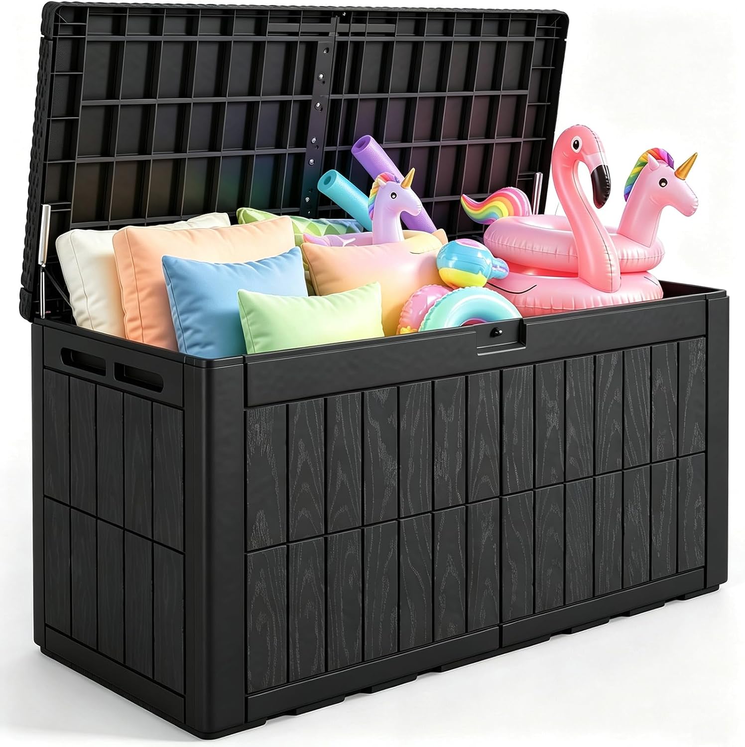 Garden Storage Box - กล่องเก็บของกลางแจ้งขนาดใหญ่ 120 แกลลอน พร้อมโครงสร้างเรซินกันน้ำ ฝาปิดล็อคได้ พร้อมเบาะรองนั่ง