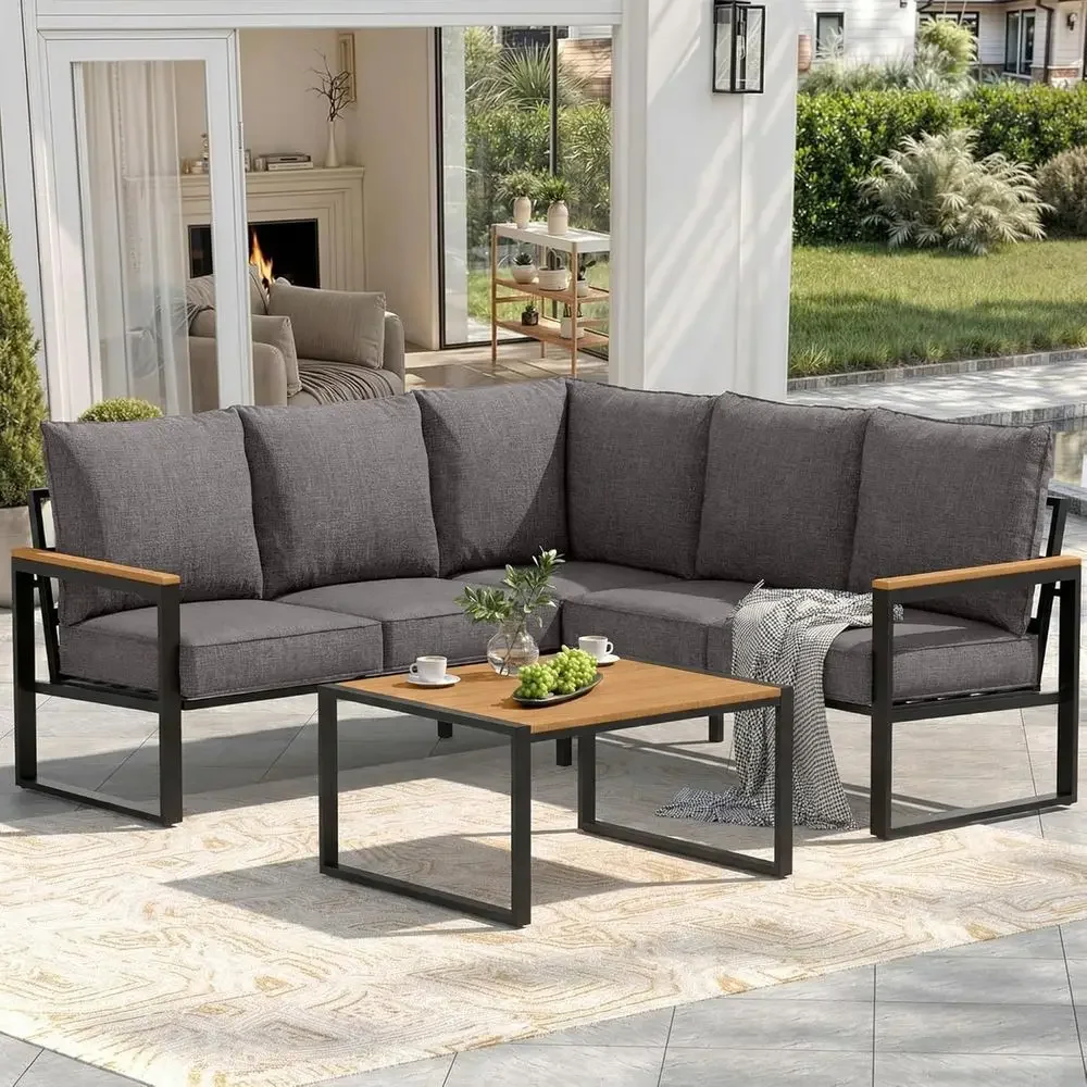 Outdoor Furniture Grey - ชุดโซฟากลางแจ้ง 6 ชิ้นพร้อมโต๊ะข้าง เฟอร์นิเจอร์ลานรูปตัว L สีเทา