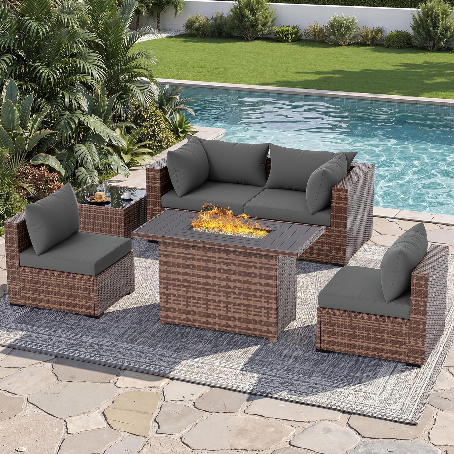 Outdoor Furniture Grey - ชุดโซฟาแบบแยกส่วน 5 ชิ้น สำหรับใช้งานกลางแจ้ง พร้อมโต๊ะเตาไฟ เฟอร์นิเจอร์หวายสำหรับพื้นที่กลางแจ้ง