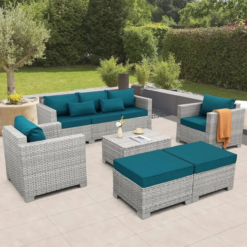 Outdoor Furniture Grey - ชุดเฟอร์นิเจอร์ลานกลางแจ้งหวายสีเทา 6 ชิ้น พร้อมเบาะรองนั่งสีฟ้าพีค็อกและโต๊ะกาแฟพร้อมที่เก็บของ
