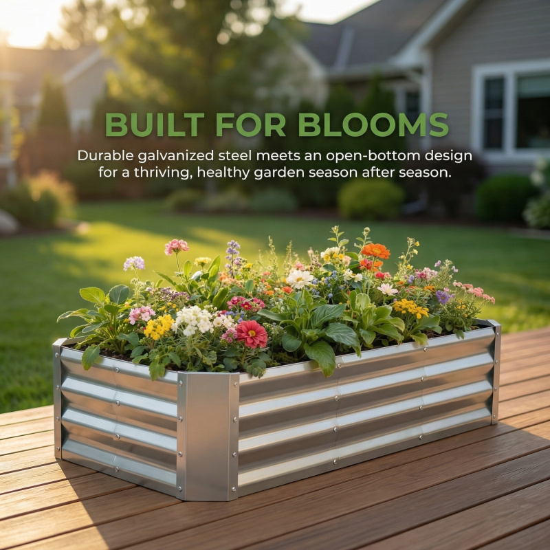 Garden Storage Box - ชุดกระถางปลูกต้นไม้แบบไม่มีก้นขนาดใหญ่ ชุบกัลวาไนซ์ 4×2×1 ฟุต กล่องปลูกดอกไม้โลหะ เหมาะสำหรับการปลูกต้นไม้นอกบ้าน