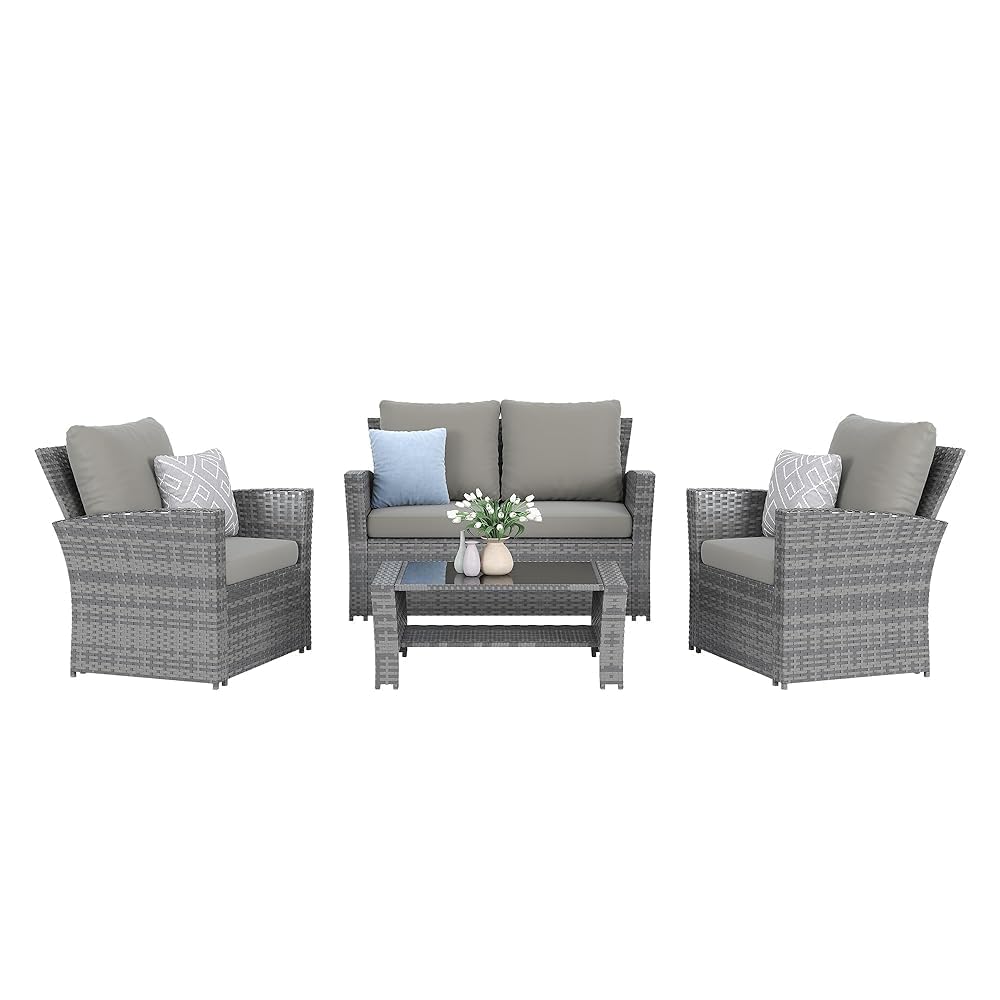 Outdoor Furniture Grey - ชุดโซฟาแบบแยกส่วนสำหรับกลางแจ้ง 4 ชิ้น สีเทา กันน้ำ ทำจากวัสดุ