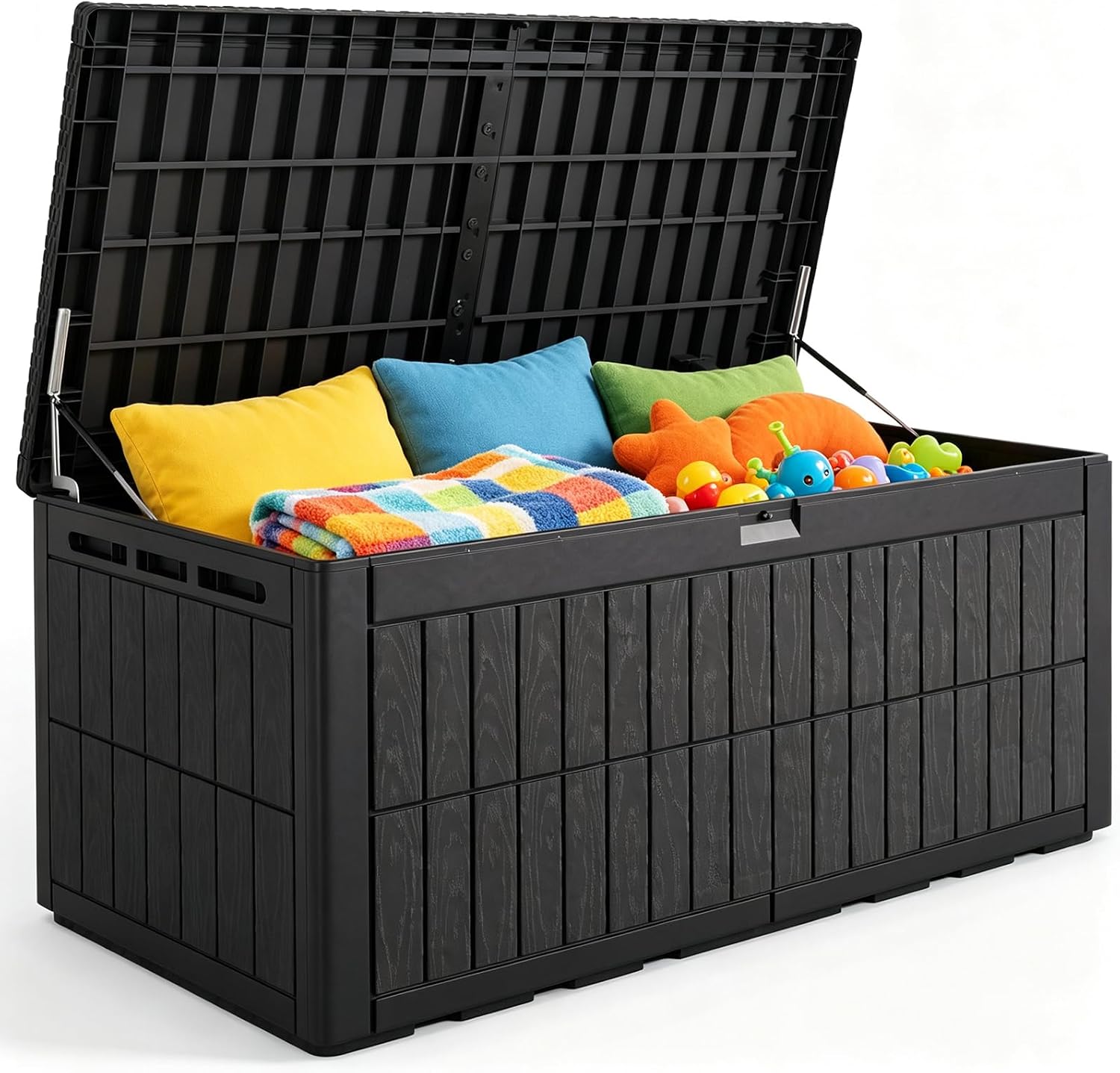 Garden Storage Box - กล่องเก็บของในร่มและกลางแจ้งขนาด 220 แกลลอน กล่องเก็บของขนาดใหญ่กันน้ำทำจากเรซิ่น พร้อมฝาปิดล็อคได้ ทนทานต่อสภาพอากาศ