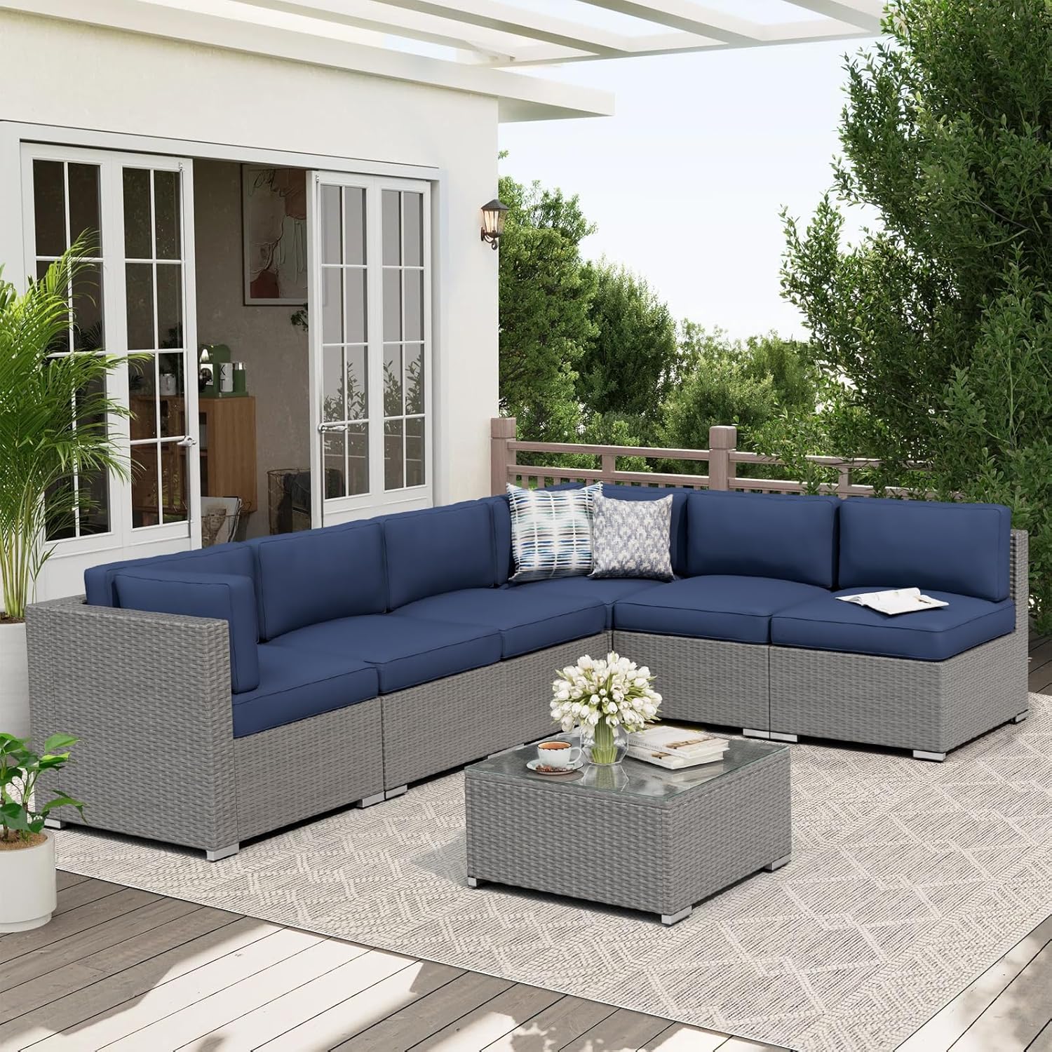 Outdoor Furniture Grey - ชุดเฟอร์นิเจอร์ลานกลางแจ้ง 7 ชิ้น สีเทา วัสดุหวายเทียม ชุดโซฟาพักผ่อนพร้อมเบาะรองนั่งและท็อปกระจก