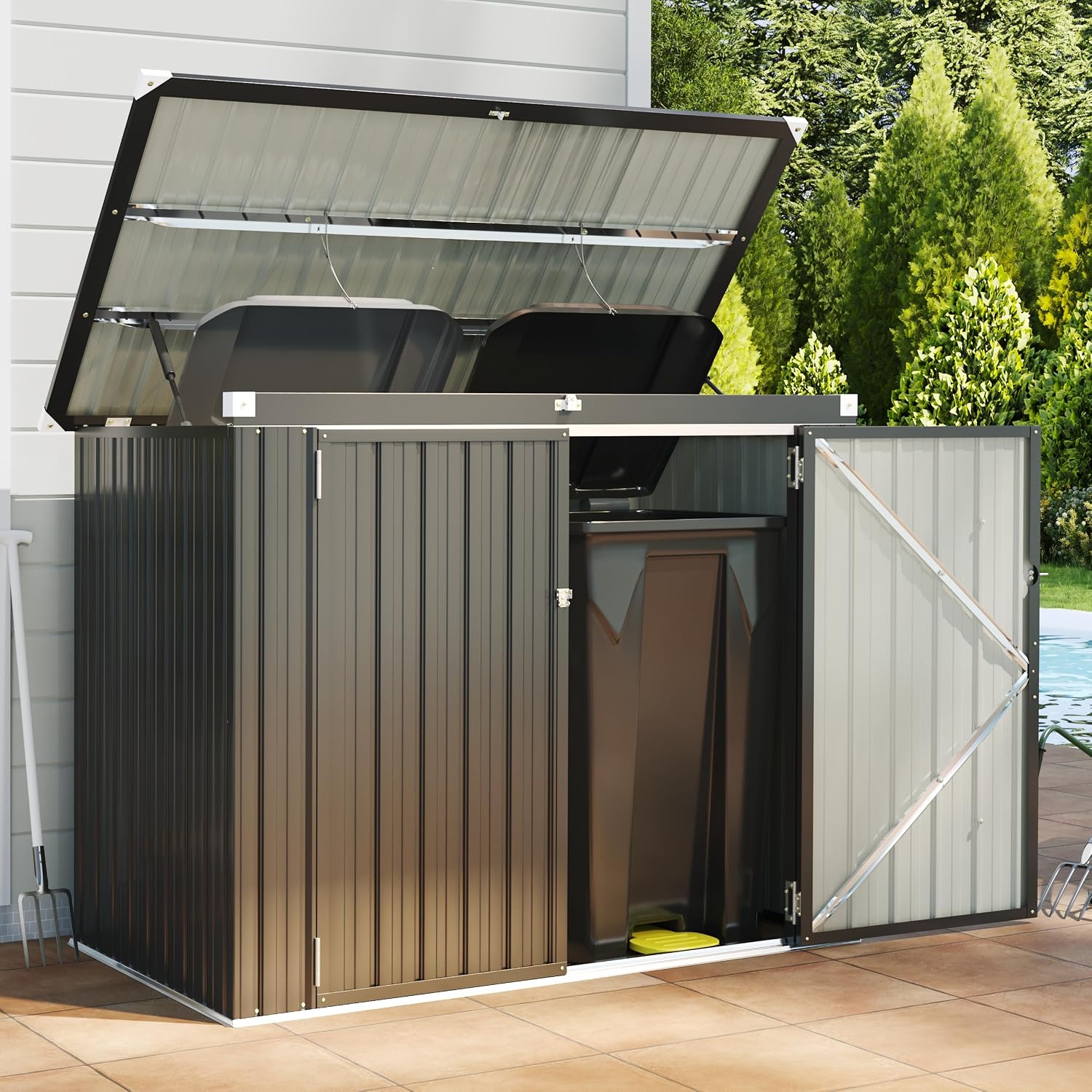 Garden Storage Box - ตู้เก็บขยะกลางแจ้งแบบกันน้ำ ทำจากโลหะ พร้อมฝาปิดแบบโซ่ สำหรับจัดเก็บขยะในสวนหลังบ้าน ลานบ้าน และอุปกรณ์ต่างๆ