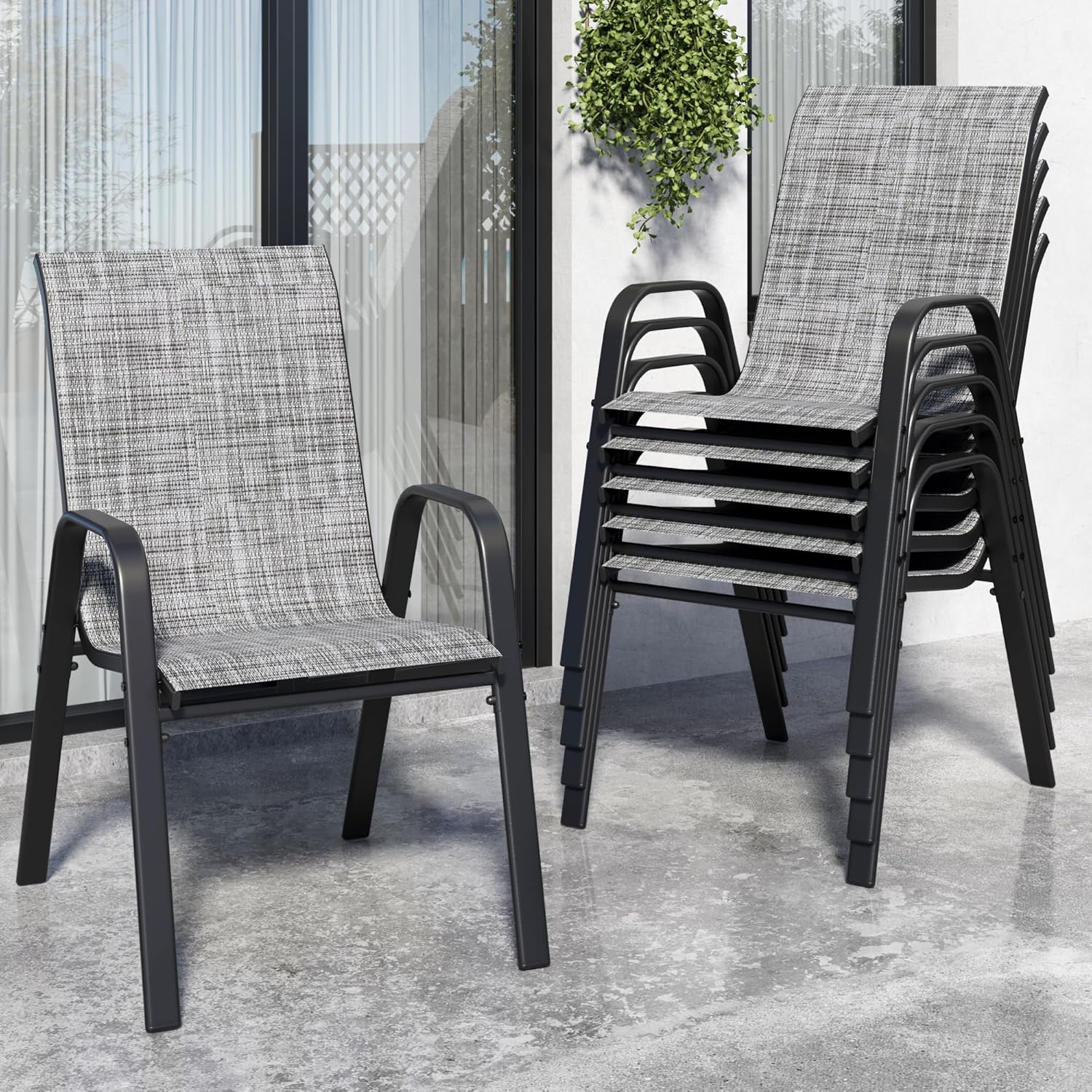 Outdoor Furniture On Sale - ชุดเก้าอี้รับประทานอาหารกลางแจ้งแบบซ้อนเก็บได้ 6 ตัว โครงโลหะและผ้าเท็กซ์ไทล์ทนทุกสภาพอากาศ สำหรับลานบ้าน สวน