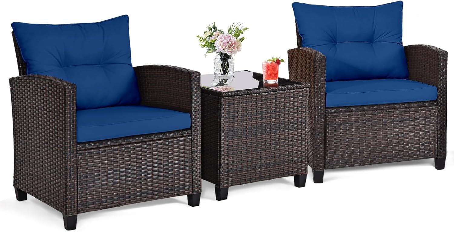 Outdoor Furniture Cushions - ชุดบิสโทรกลางแจ้ง 3 ชิ้น ทำจากหวายสีน้ำเงินกรมท่า พร้อมเก้าอี้หวายบุเบาะและโต๊ะกาแฟกระจก เฟอร์นิเจอร์กันสภาพอากาศได้