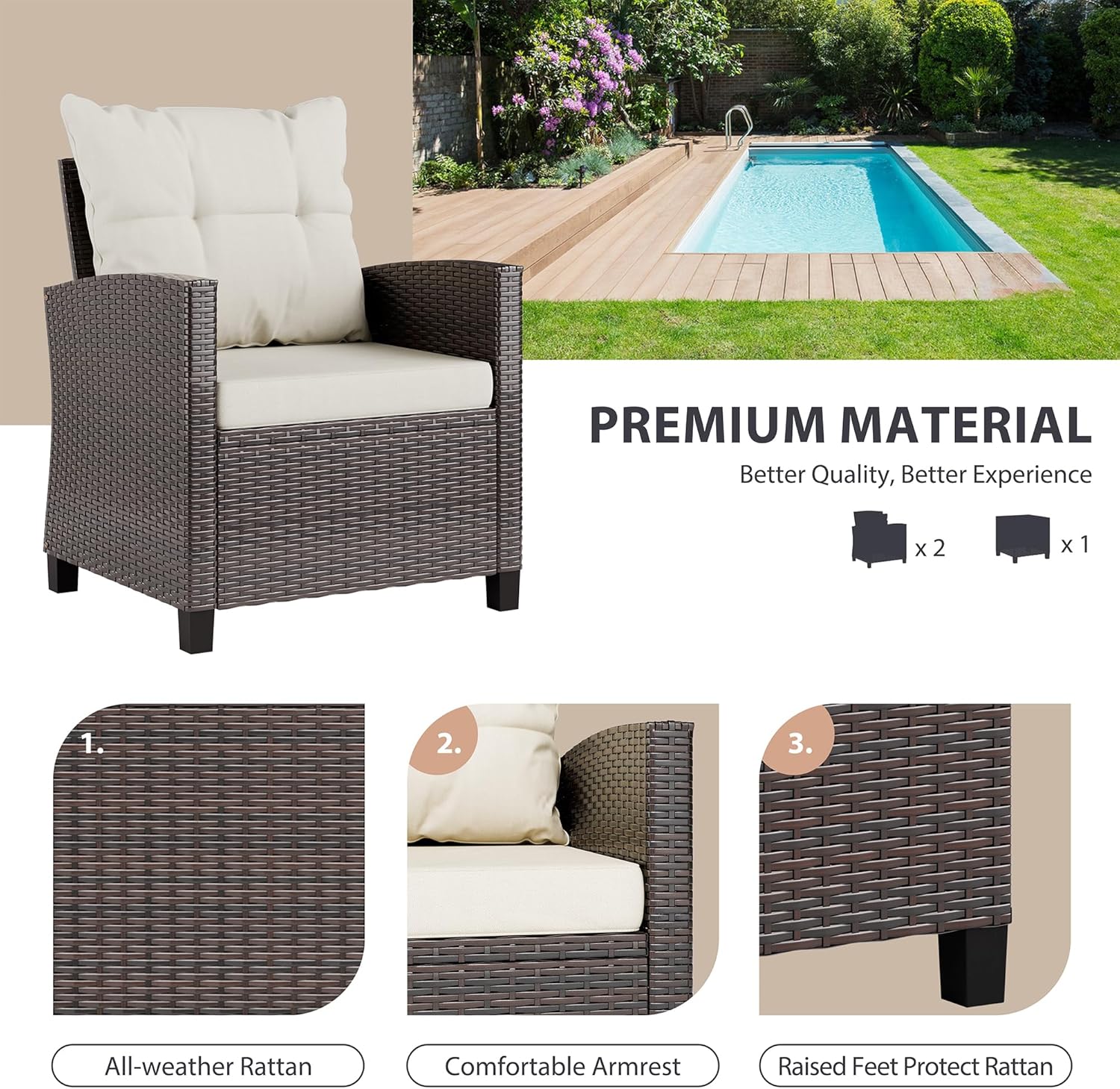 ชุดบิสโทรหวายสังเคราะห์ 3 ชิ้น - Outdoor Furniture Cushions บทวิจารณ์และราคา